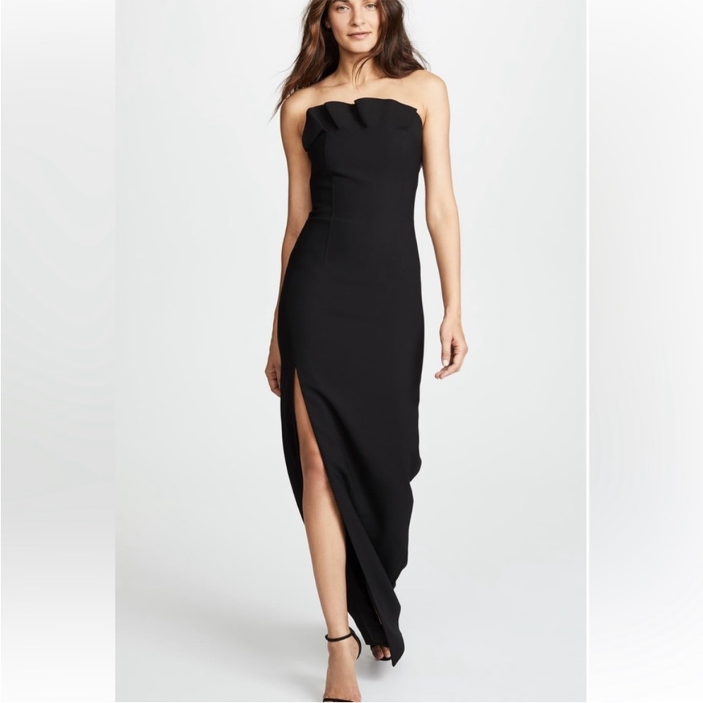 Cinq a sept new with tags black evening gown. Ruffled top.